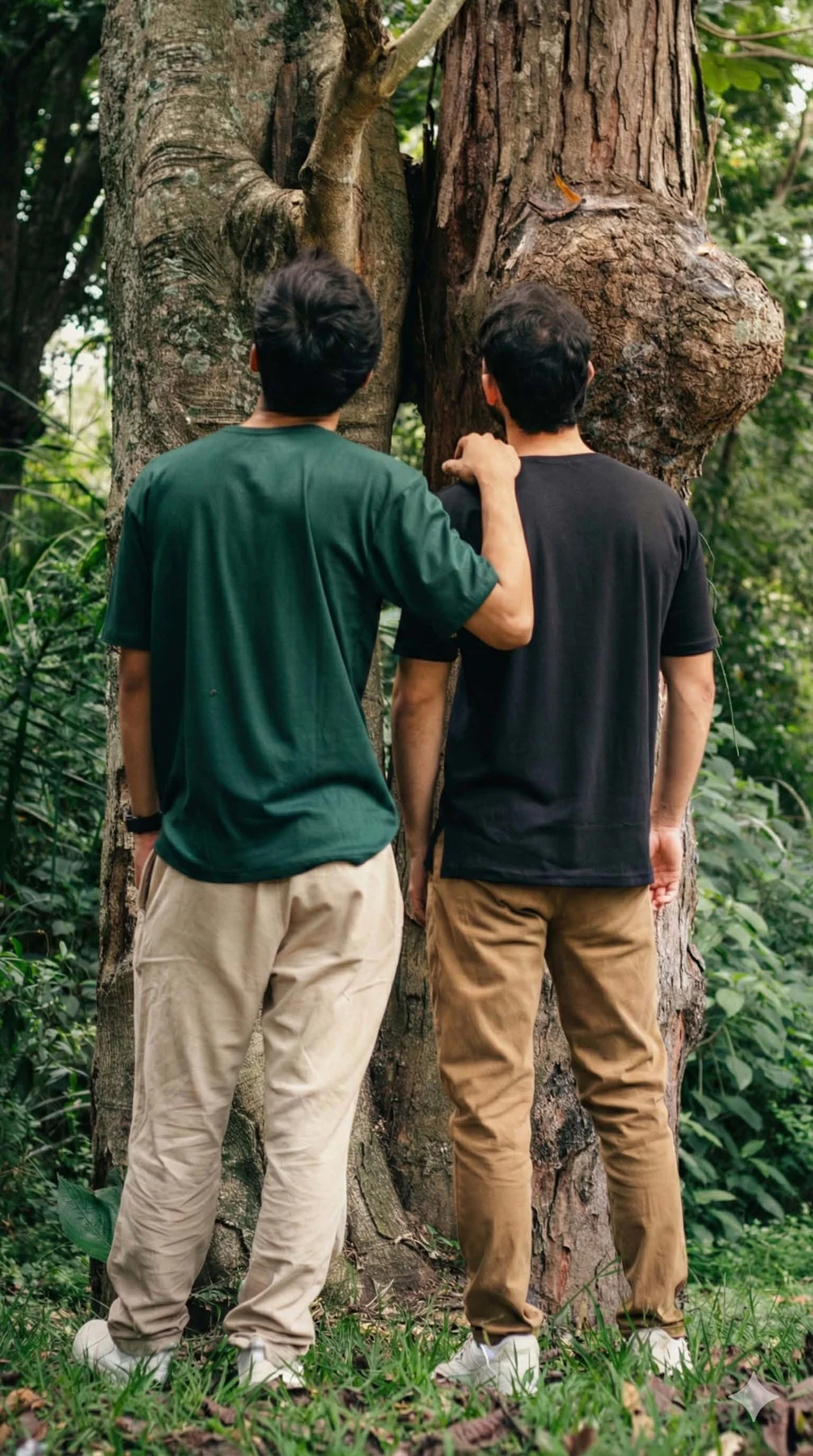 Dos personas con camisetas Bramdon conectando con la naturaleza